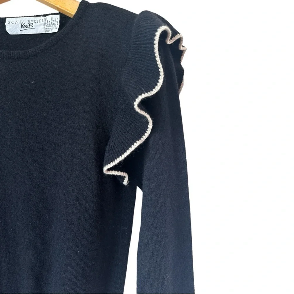 Sonia Rykiel 80s Vintage Ruffled Trim Wool Blend Sweater Size Small